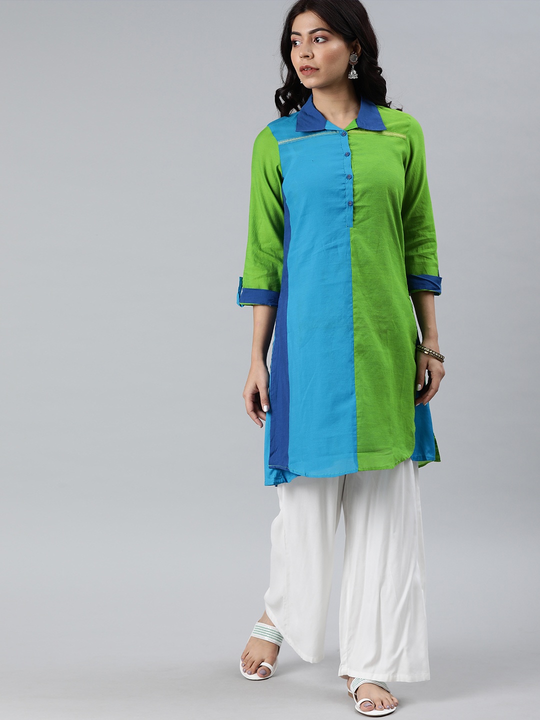 

Biba Women Green & Blue Colourblocked Layered Straight Kurta