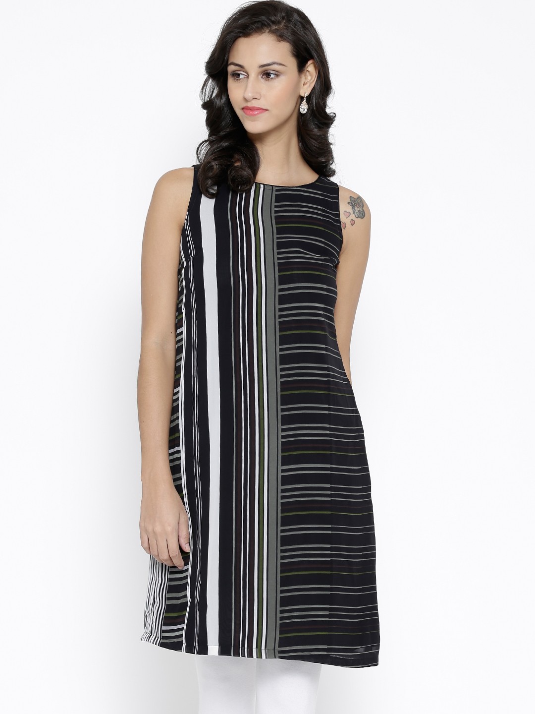 

BIBA Black & Grey Polyester Striped A-Line Kurta