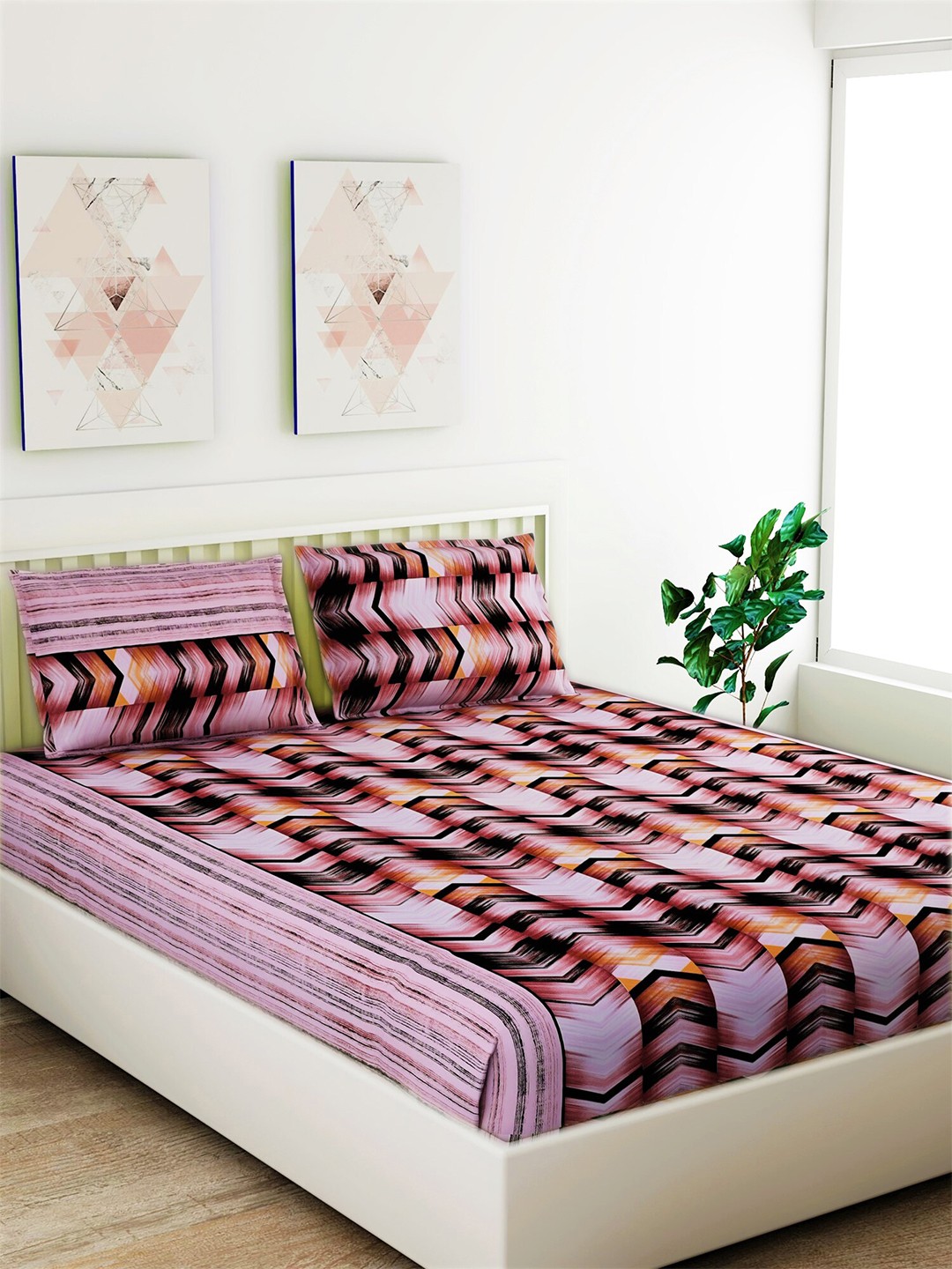 

Salona Bichona Purple & Black Geometric 104 TC Cotton 1 Queen Bedsheet with 2 Pillow Covers