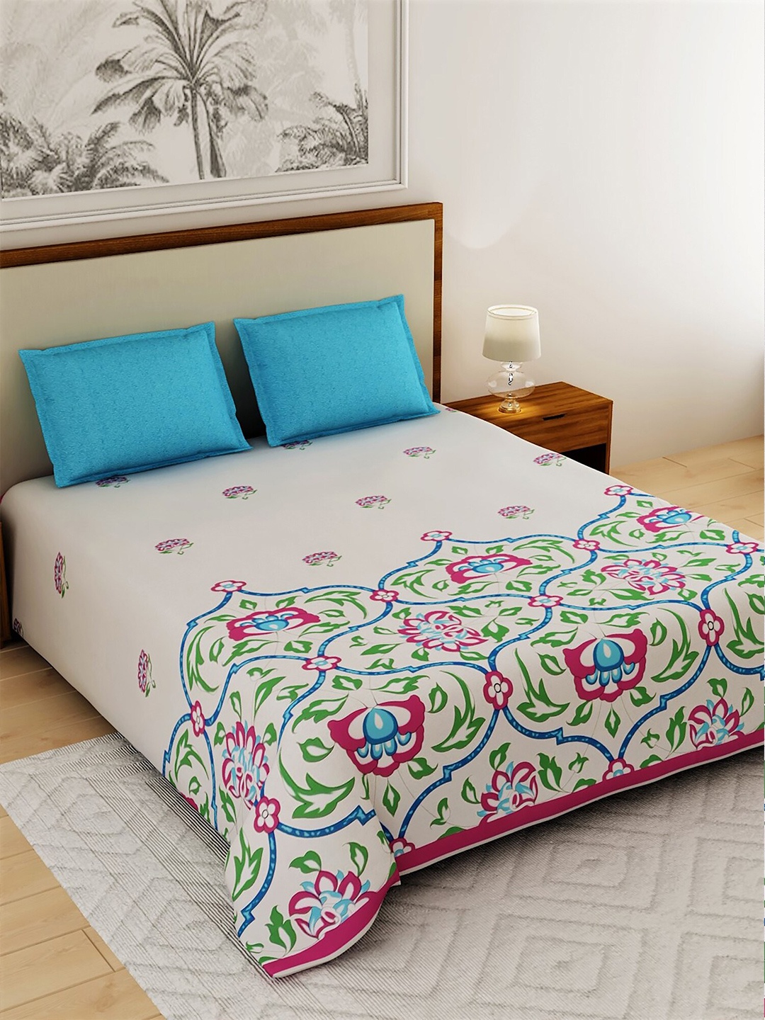 

Salona Bichona Pink & Turquoise Blue Ethnic Motifs 180 TC Cotton 1 Queen Bedsheet with 2 Pillow Covers