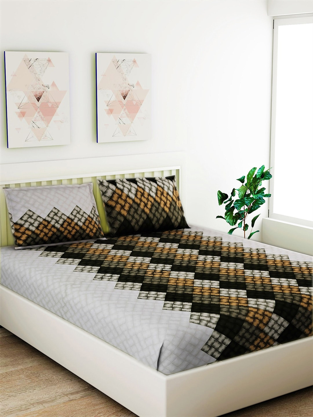 

Salona Bichona Grey & Black Geometric 104 TC Cotton 1 Queen Bedsheet with 2 Pillow Covers