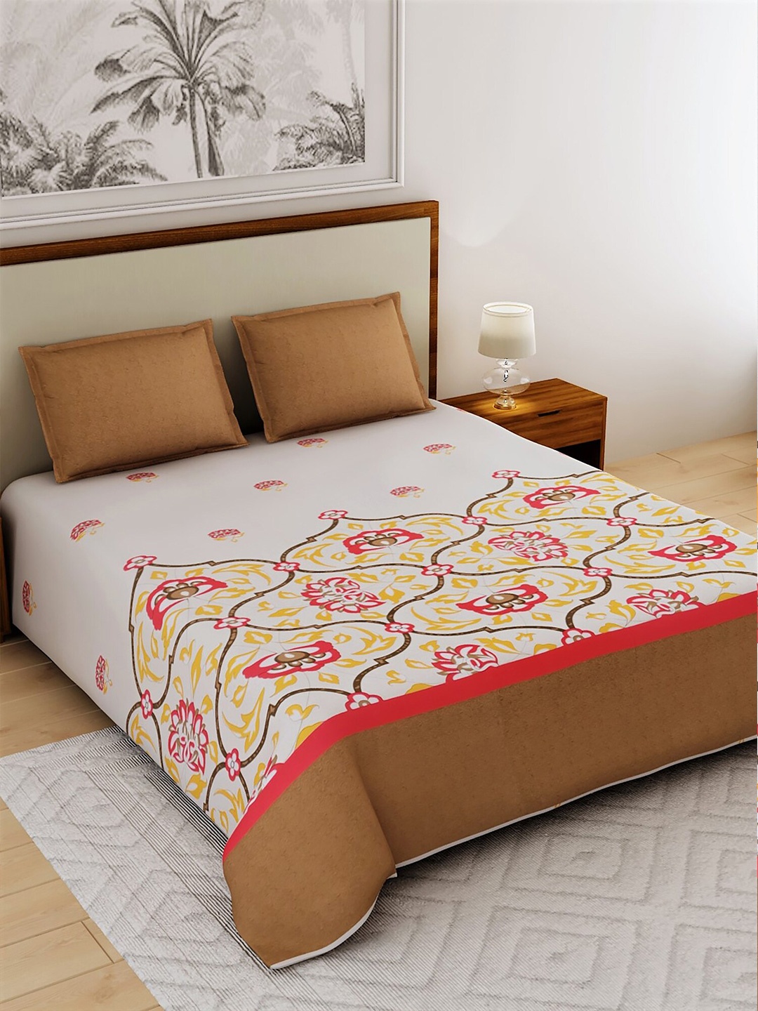 

Salona Bichona Off-White & Brown Ethnic Motifs 180 TC Cotton 1 King Bedsheet with 2 Pillow Covers