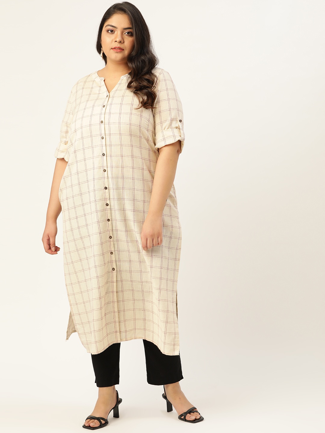 

Sztori Plus Size Women Off White & Brown Checked Kurta