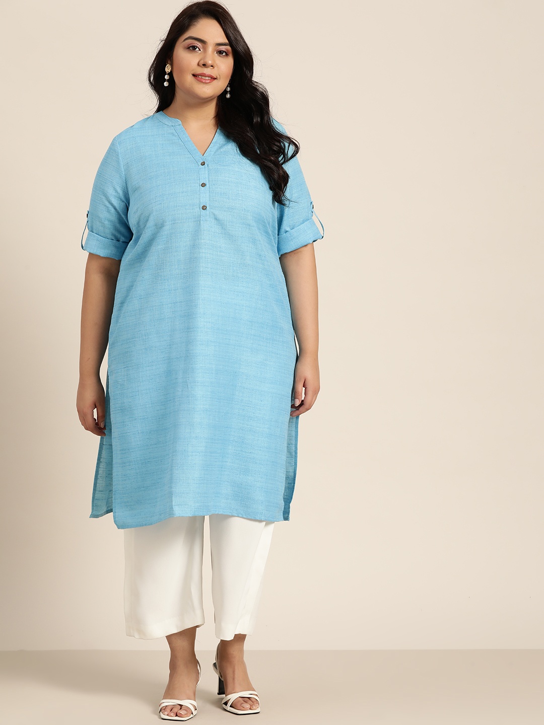 Sztori Plus Size Women Blue Solid Straight Kurta
