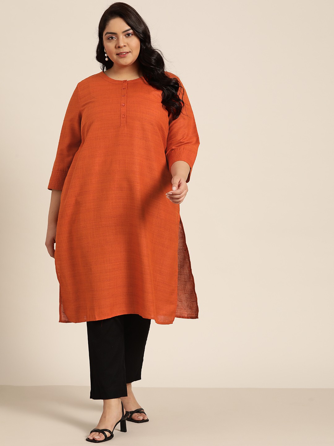 

Sztori Women Plus Size Rust Orange Self-Striped Jamawar Straight Kurta