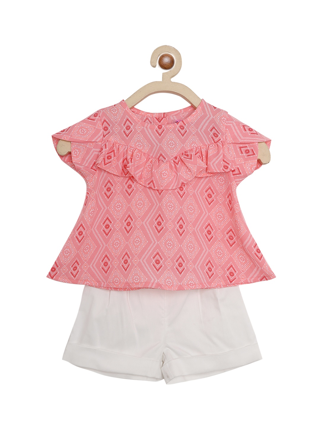 

Nauti Nati Girls Peach-Coloured & Grey Printed Top with Shorts