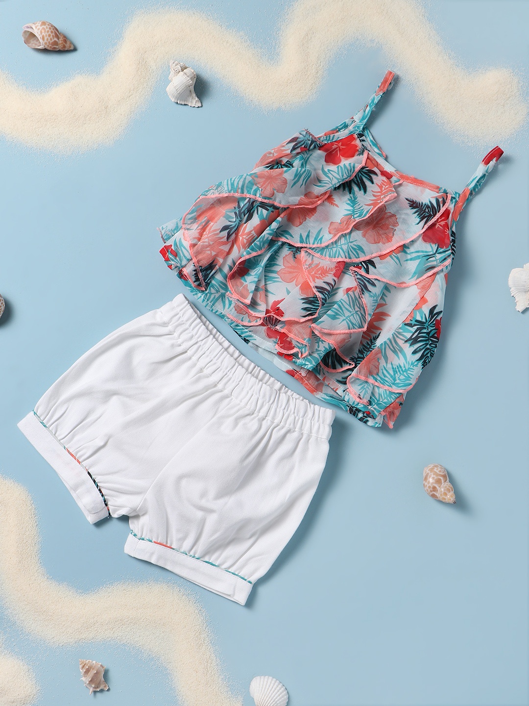 

Nauti Nati Girls Multicolored Printed Frilled Top & Bottom Set, White