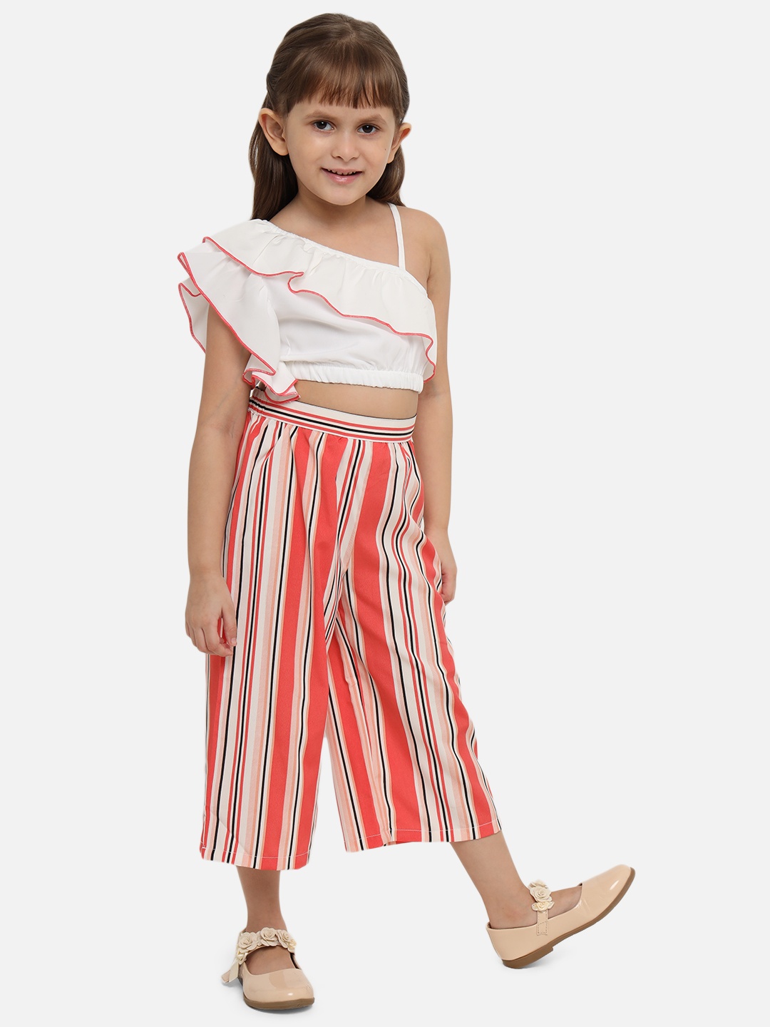 

Nauti Nati Girls Coral Colored Striped Top & Palazzo Set, White