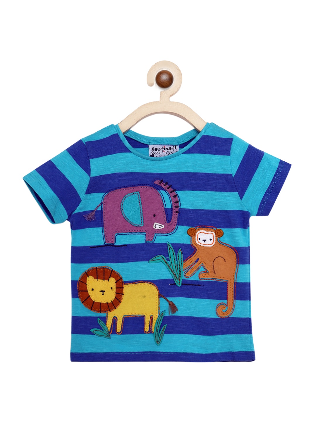 

Nauti Nati Boys Blue Pure Cotton Striped Round Neck T-shirt