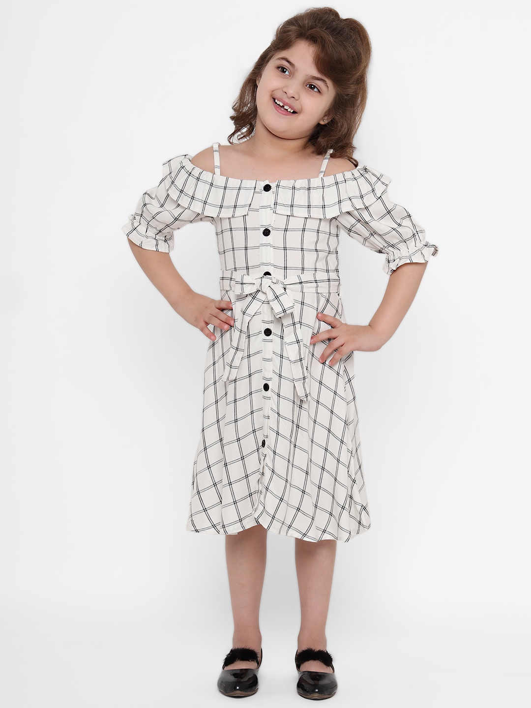 

Nauti Nati Girls White & Black Checked Fit and Flare Dress with Belt