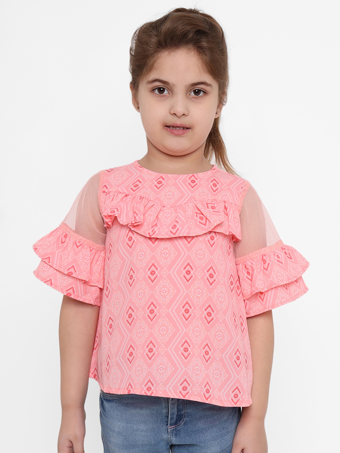 

Nauti Nati Girls Peach-Coloured Printed Ruffle Detail A-Line Top