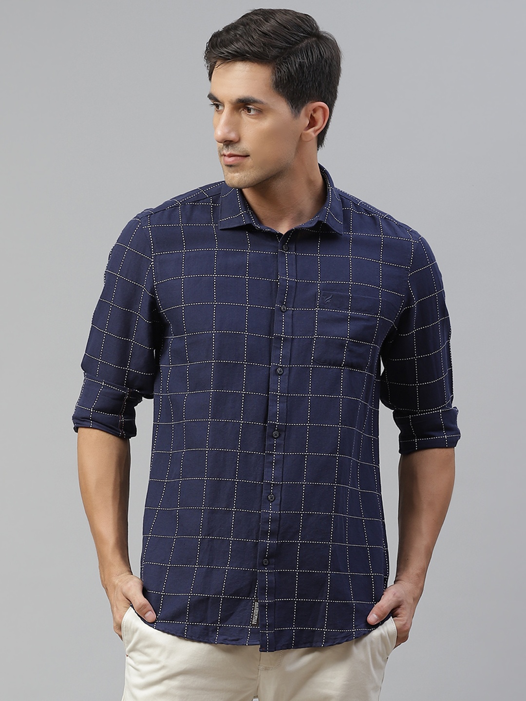 

Blackberrys Men Navy Blue Slim Fit Windowpane Checks Checked Casual Shirt