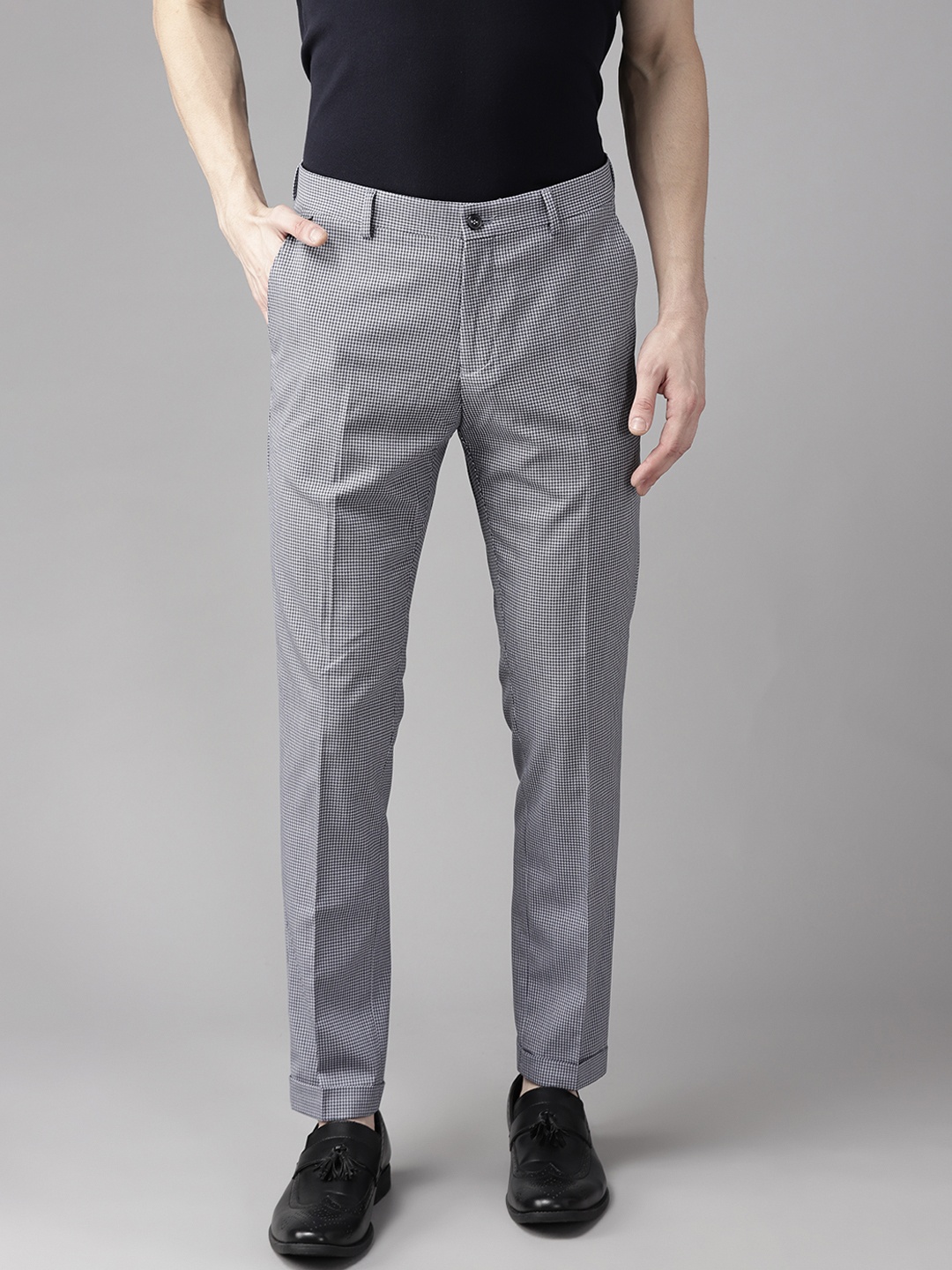 

Blackberrys Men Blue Checked Phoenix Skinny Fit Smart Casual Trousers