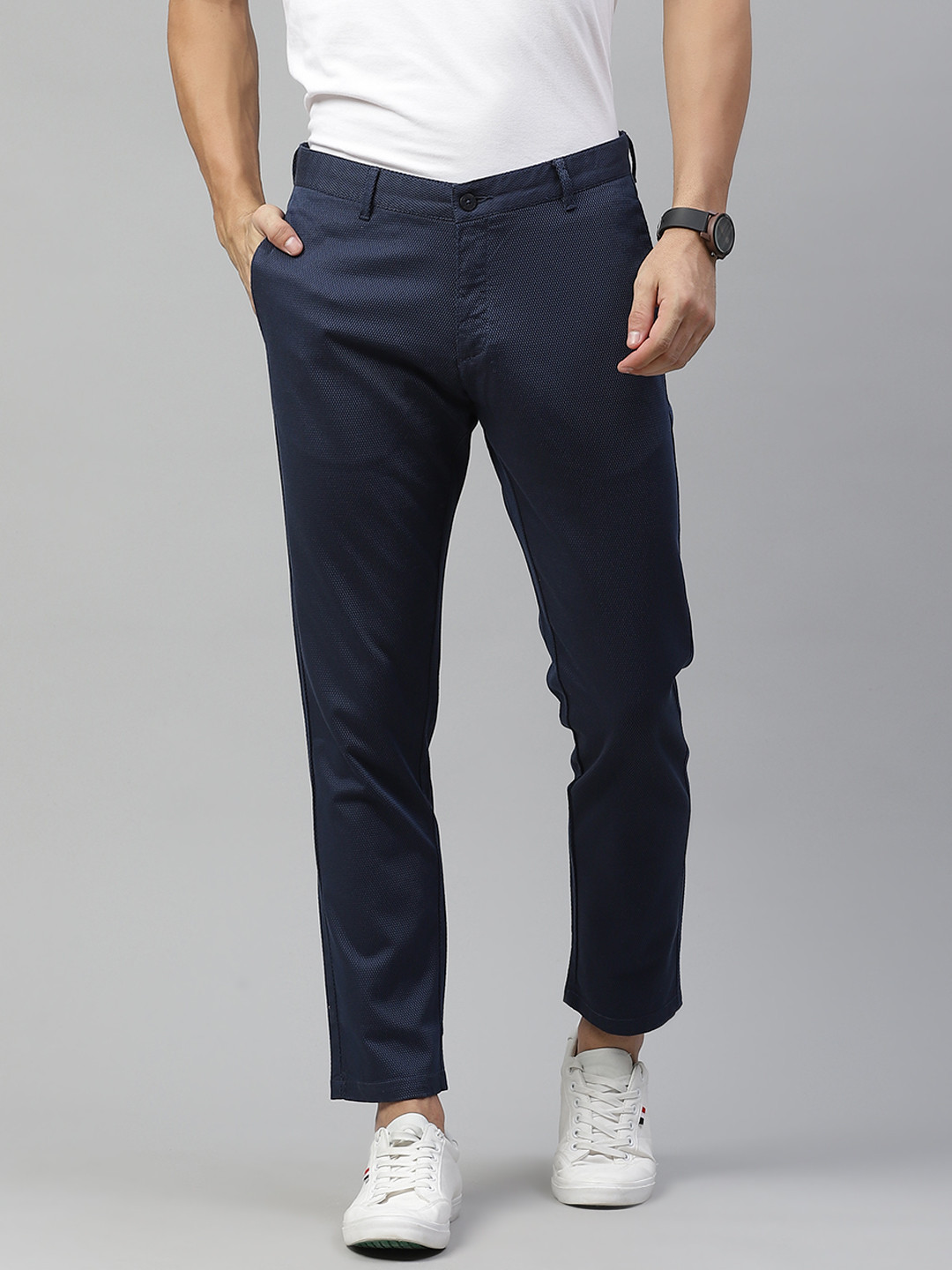 

Blackberrys Men Navy Blue Textured Roger Slim Fit Regular Trousers