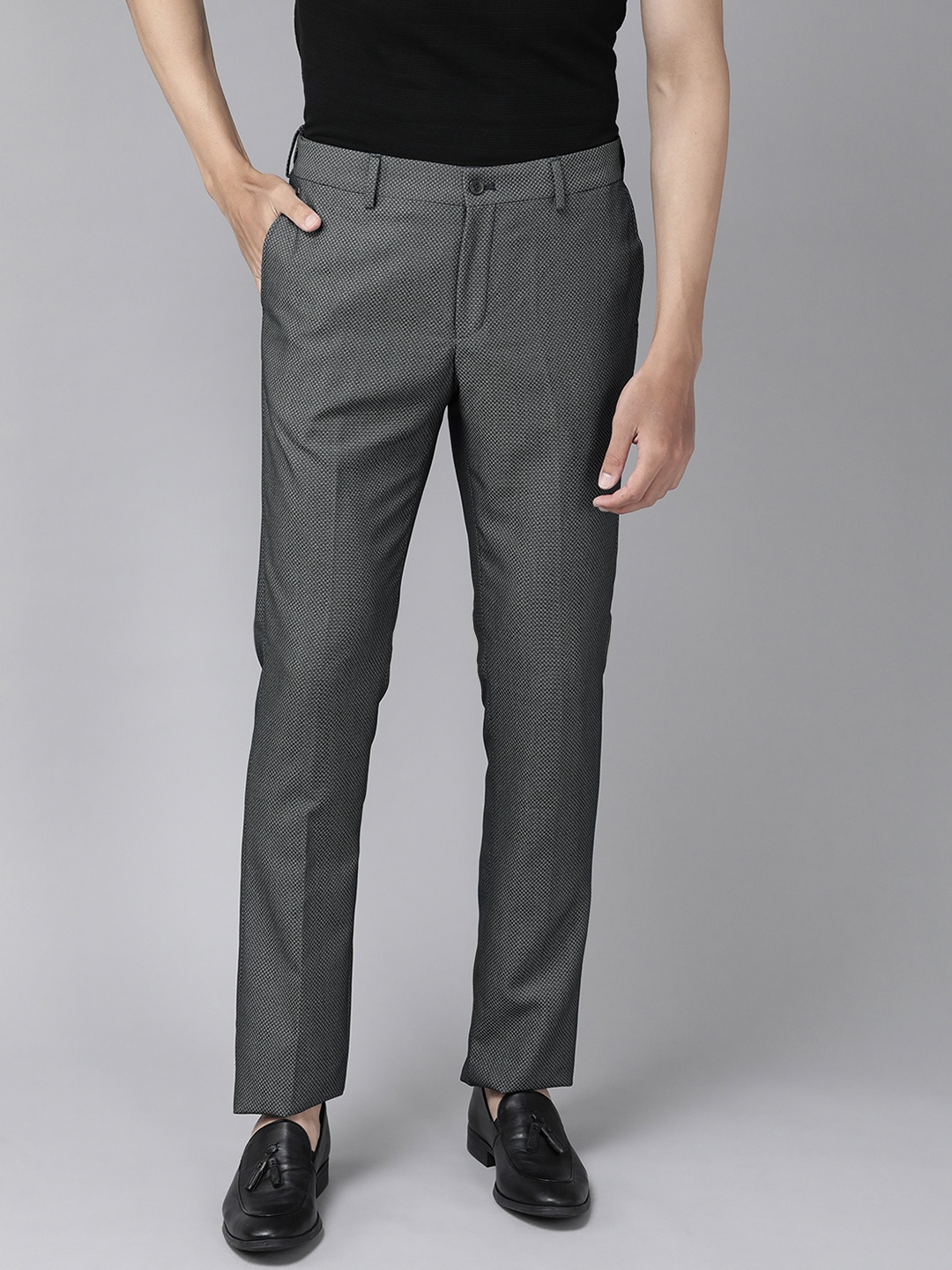 

Blackberrys Men Charcoal Grey Textured Tapered Fit Low-Rise Trousers