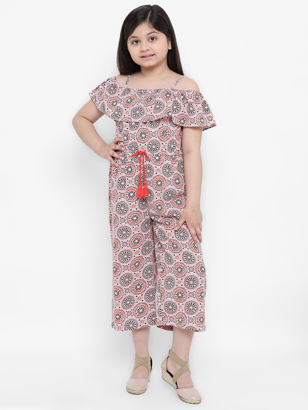 

Natilene Girls Peach-Coloured & Black Printed Basic Jumpsuit