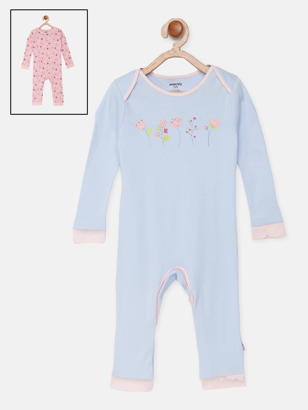 

mackly Infant Girls Pack Of 2 Printed 100% Cotton Rompers, Blue