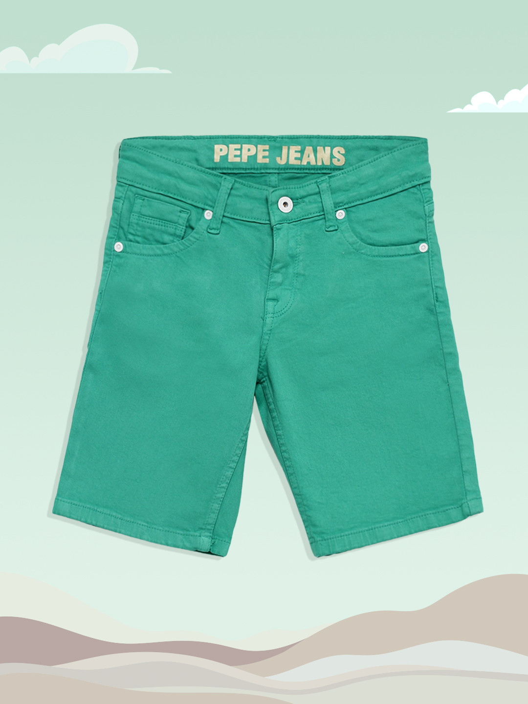 

Pepe Jeans Boys Green Solid Slim Fit Denim Shorts