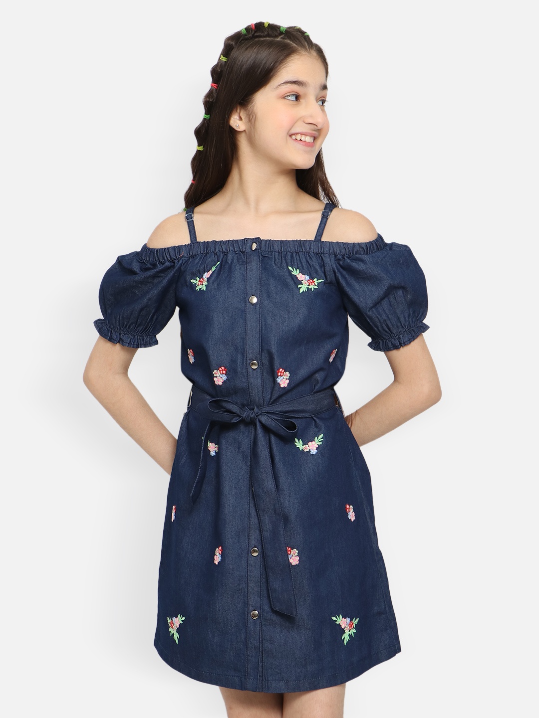 

Natilene Girls Blue Embroidered A-Line Denim Dress