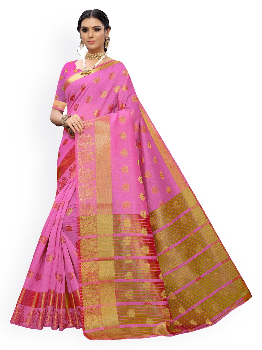 

KALINI Pink & Gold-Toned Silk Cotton Woven Design Chanderi Saree