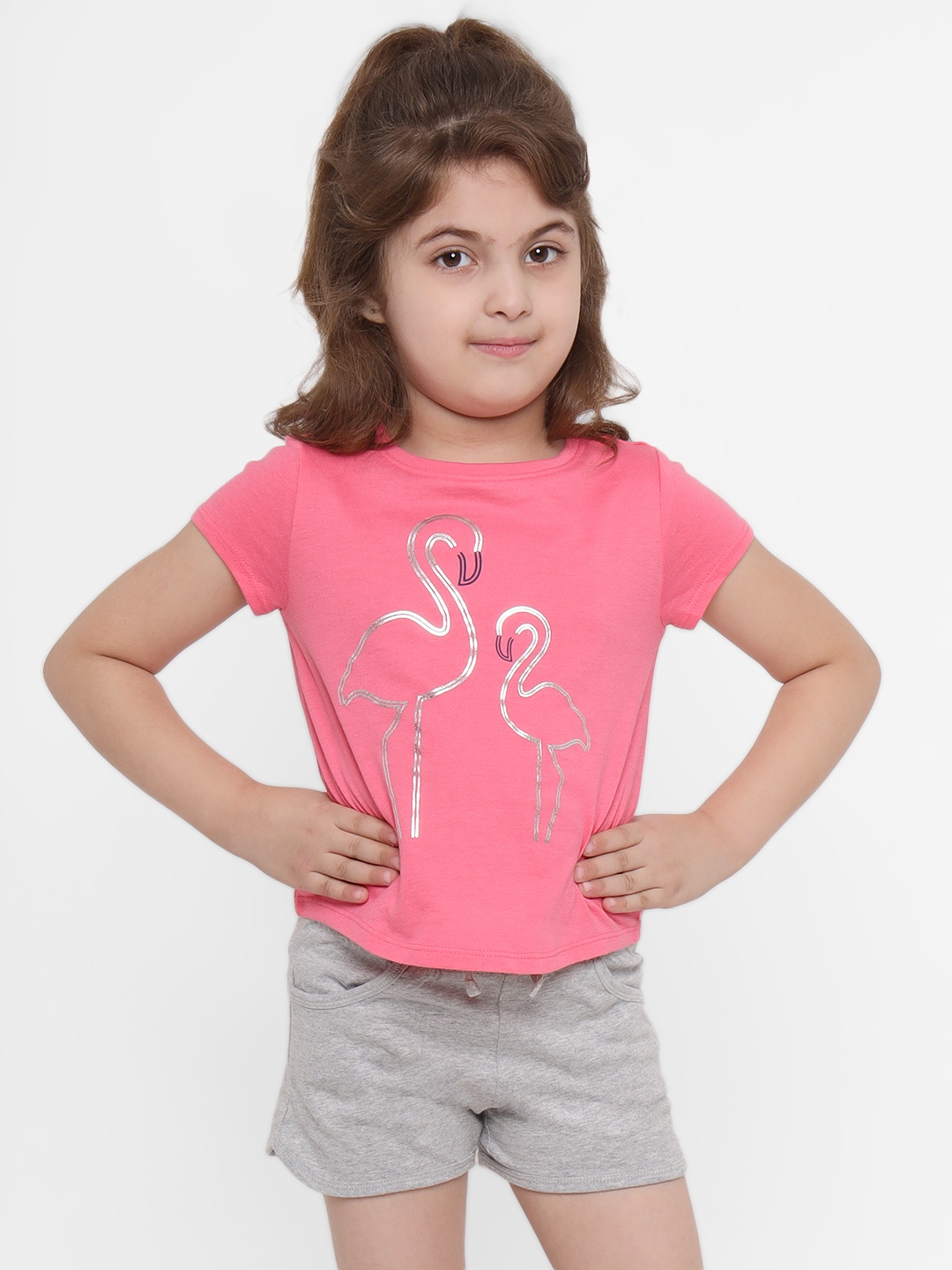 

Nauti Nati Girls Pink & Grey Printed T-shirt with Shorts