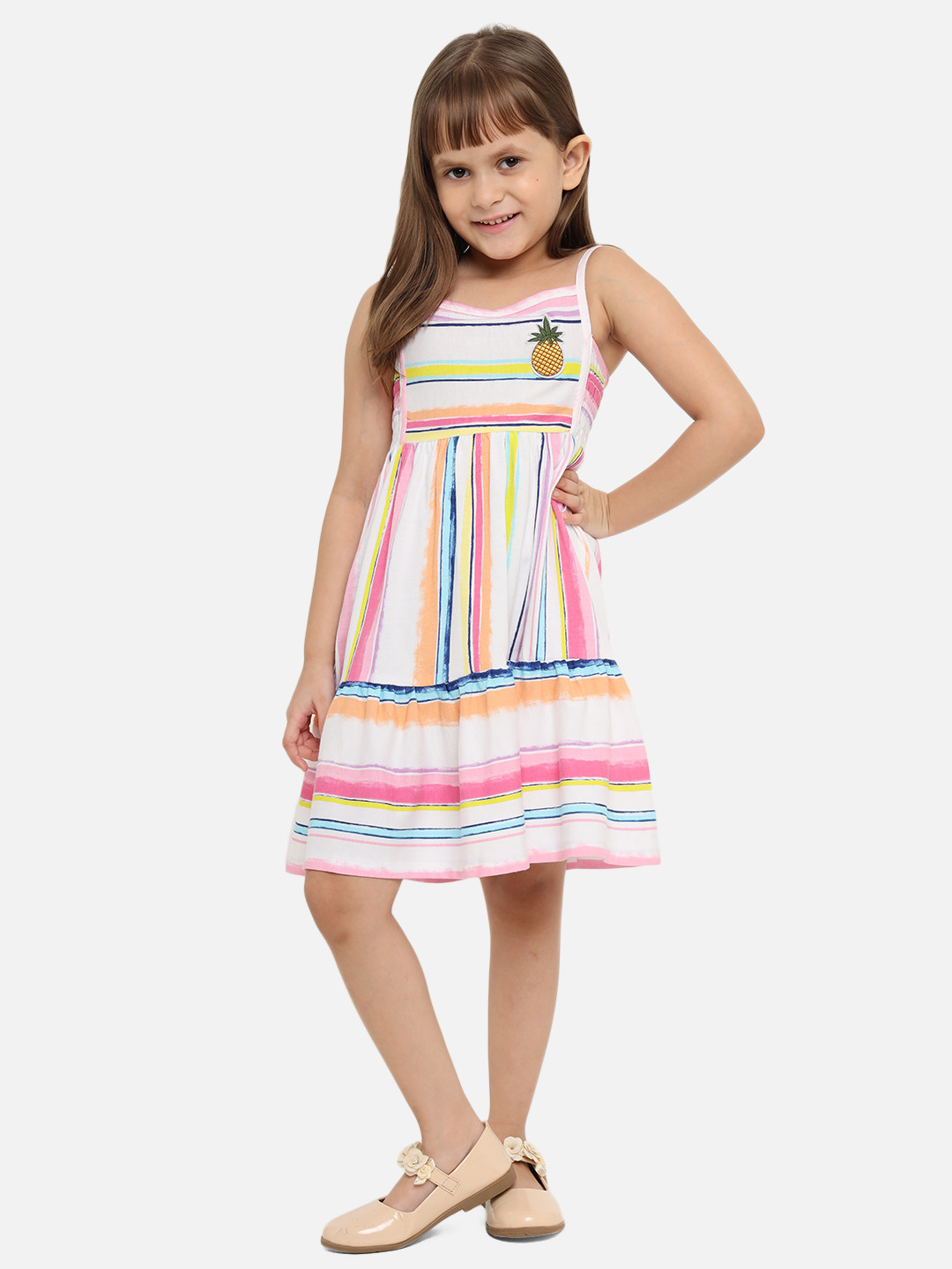 

Nauti Nati Girls White & Pink Cotton Striped A-Line Dress