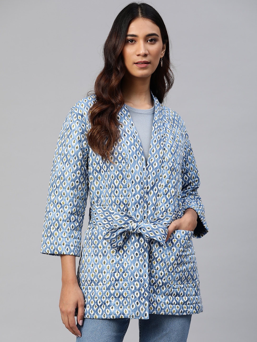 

Marks & Spencer Women Blue White Floral Longline Open Front Jacket