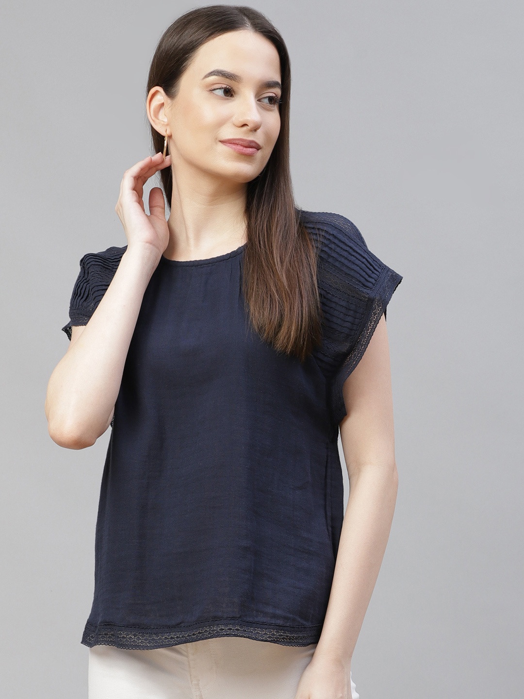 

Marks & Spencer Navy Blue Extended Sleeves Regular Top