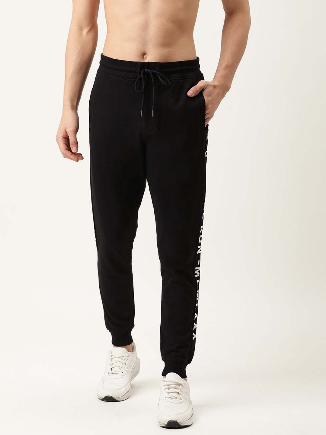 

Flying Machine Men Black Solid Pure Cotton Joggers with Side Striped Details