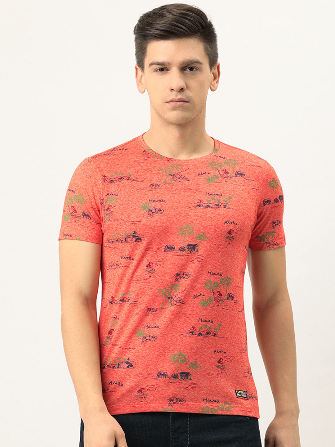 

Flying Machine Men Peach-Coloured & Blue Printed T-shirt