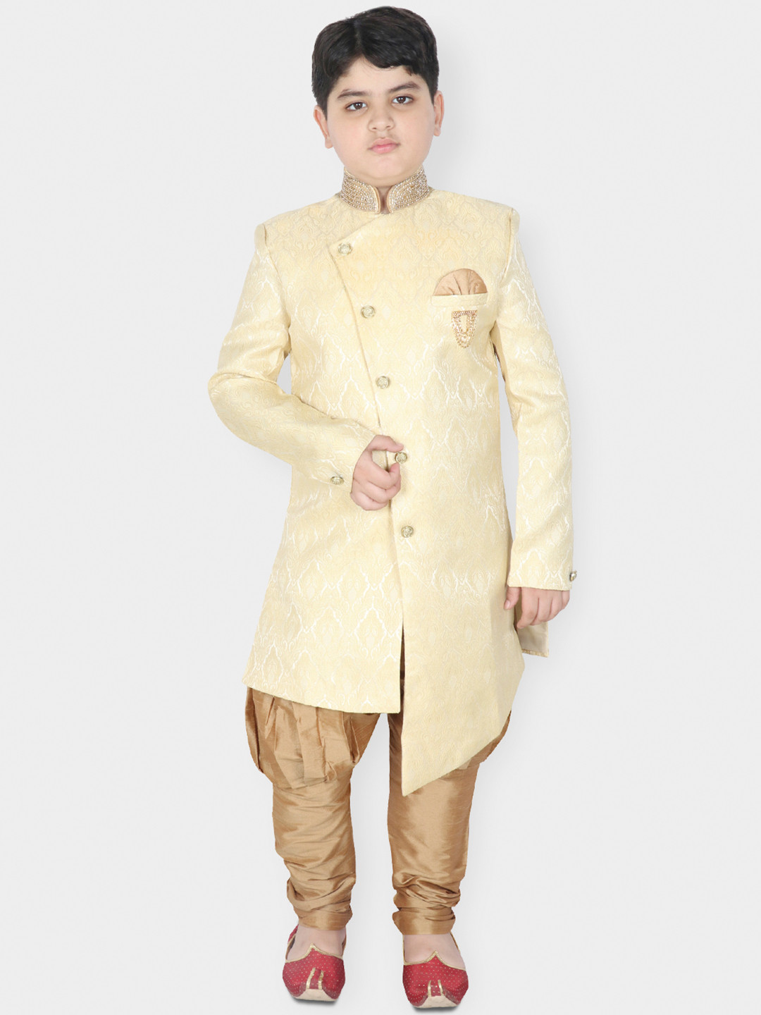 

SG YUVRAJ Boys Beige & Gold-Colored Embellished Silk Sherwani Set