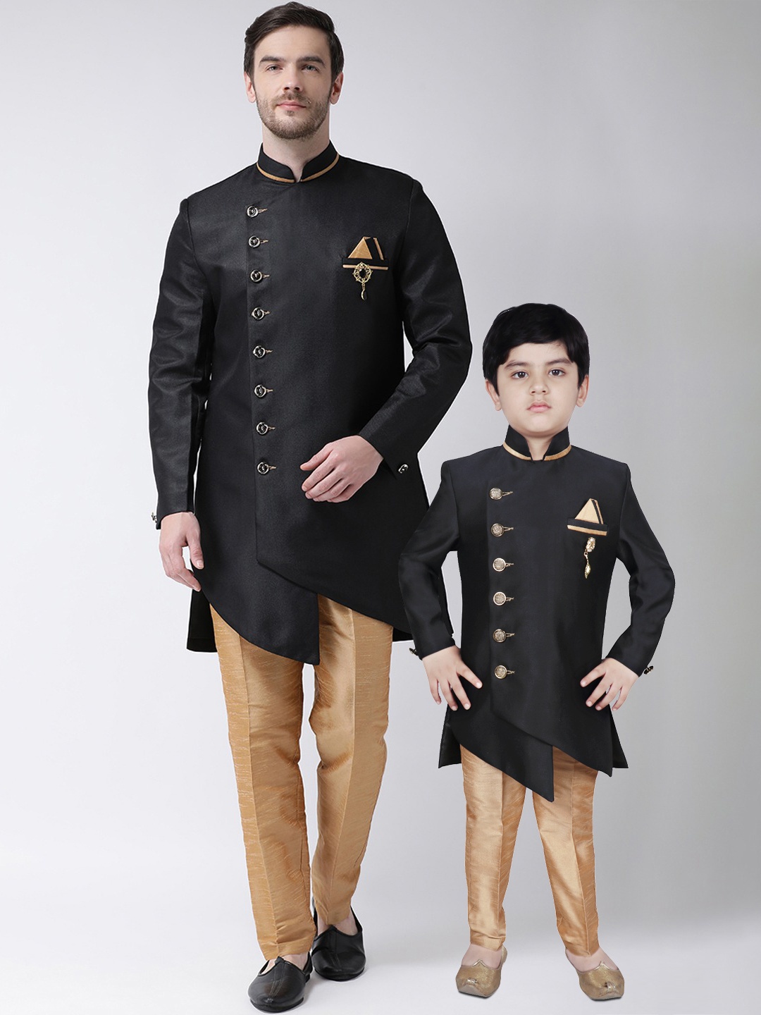 

SG YUVRAJ Boys Black & Gold-Coloured Solid Sherwani Set