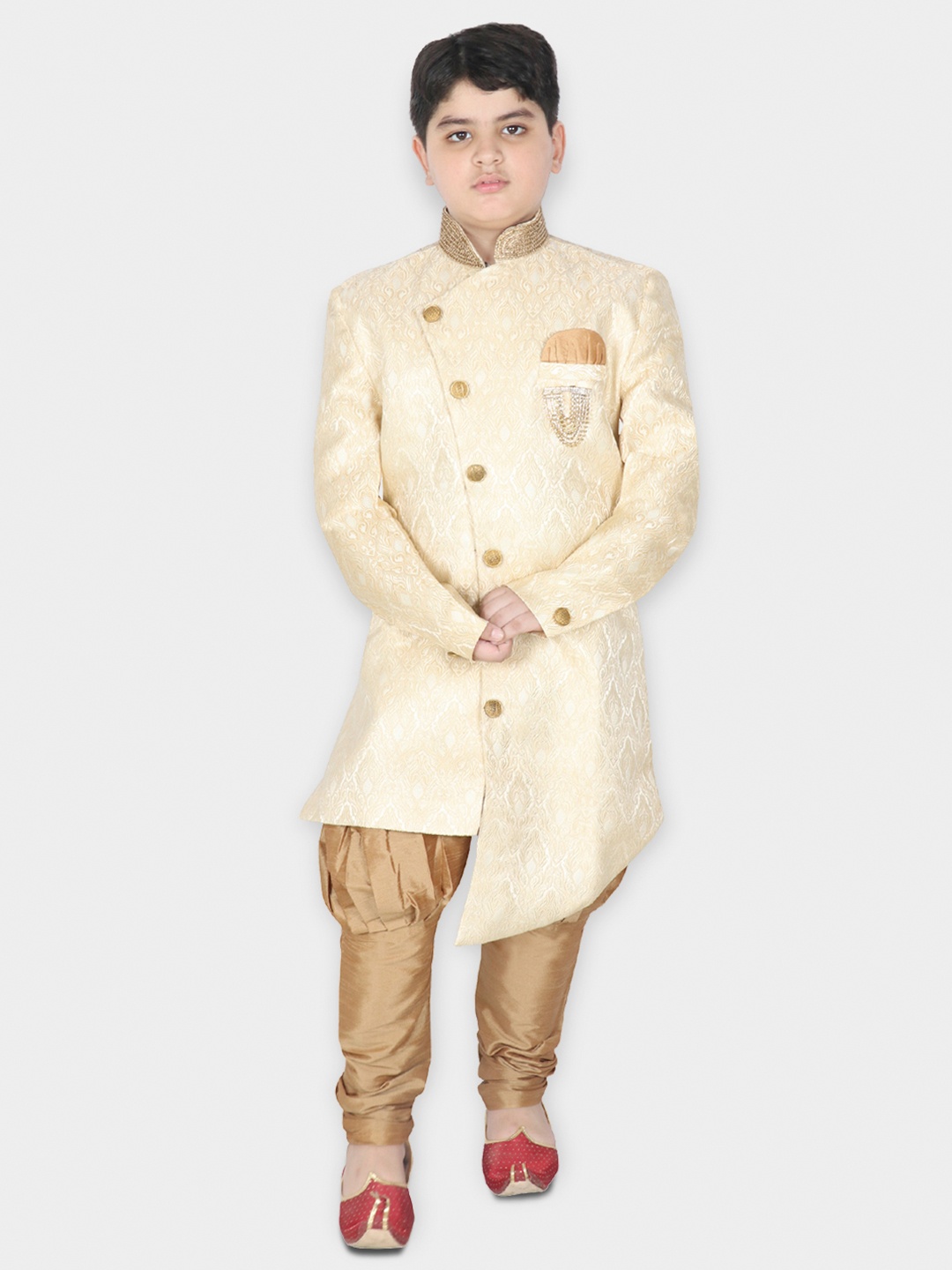 

SG YUVRAJ Boys Cream-Coloured & Gold-Coloured Woven-Design Silk Sherwani Set