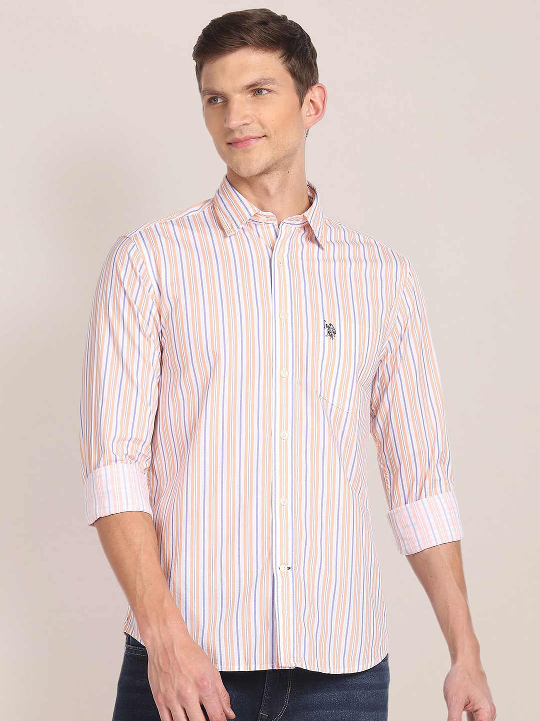 

U.S. Polo Assn. Men Orange & White Regular Fit Striped Cotton Casual Shirt