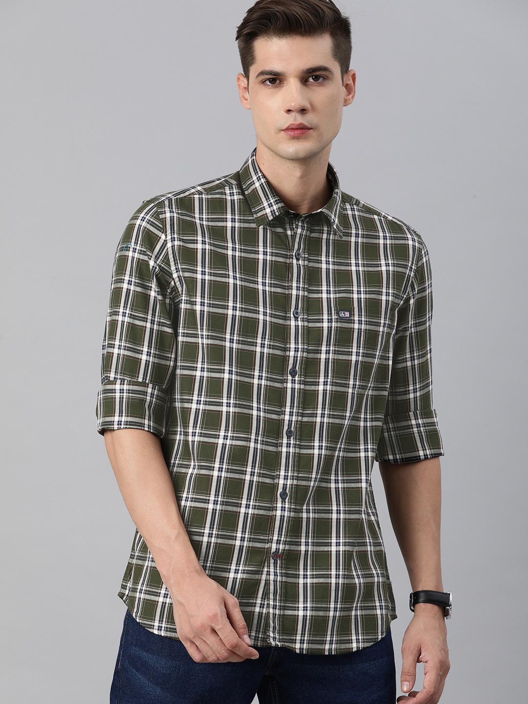 

Arrow Sport Men Olive Green & White Slim Fit Tartan Checks Casual Shirt