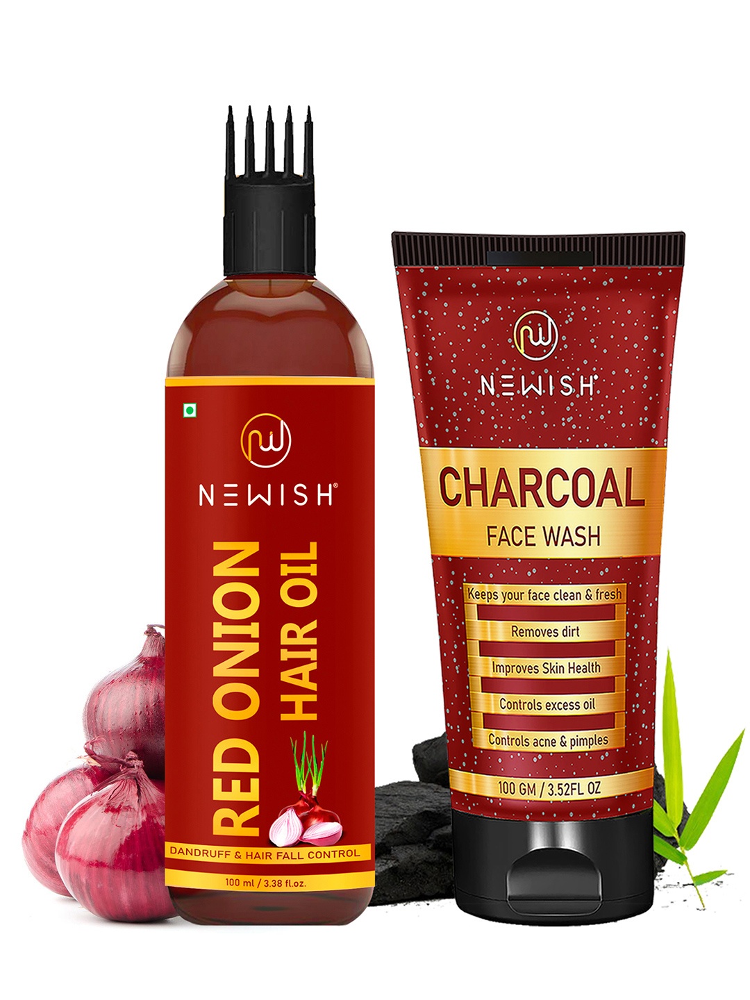 

NEWISH Set of Sustainable Charcoal Face Wash & Onion Hair Fall Control Hair Oil 200 ml, Transparent