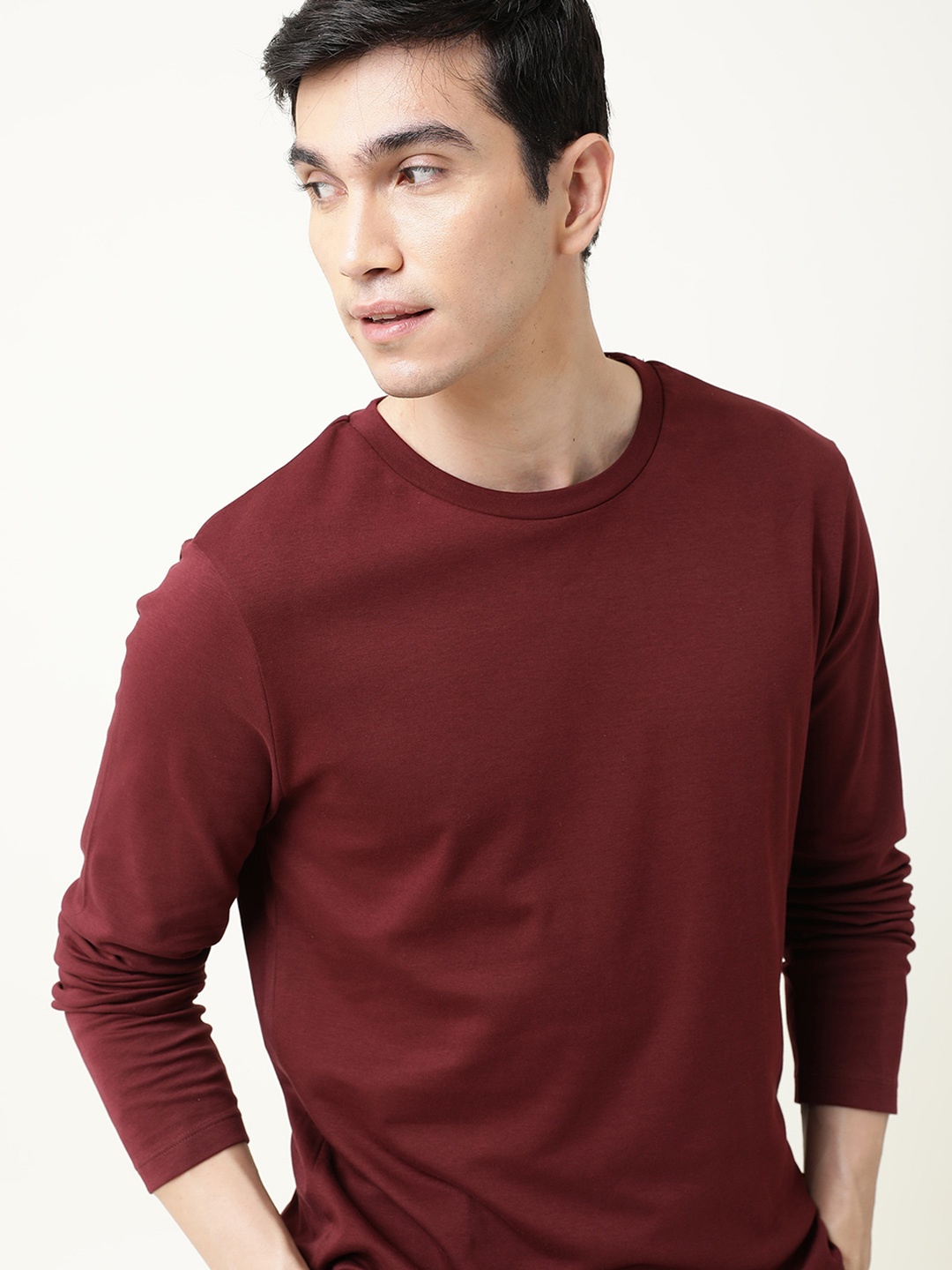 

RARE RABBIT Men Full Slim Fit Solid Cotton Round Neck T-Shirt, Maroon