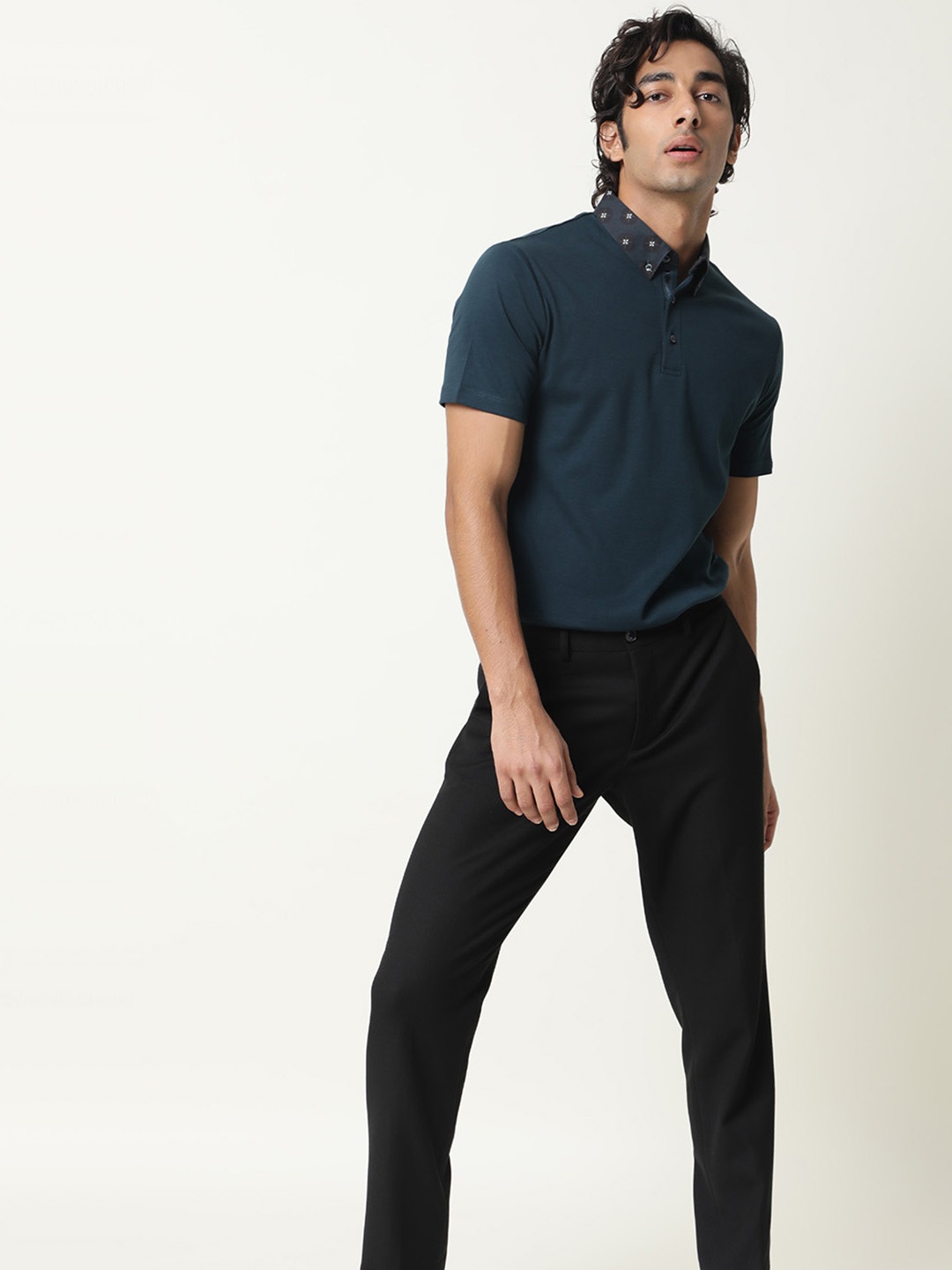 

RARE RABBIT Men Rings-4 Slim Fit Solid Polo Collar T-Shirt, Teal