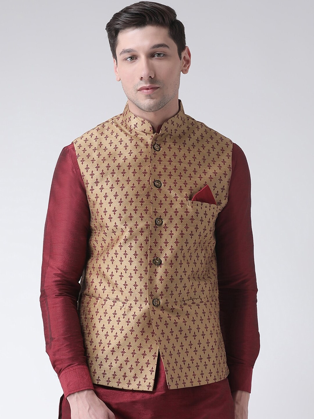 DEYANN Men Gold-colored & Maroon Printed Woven Dupion Silk Nehru Jacket