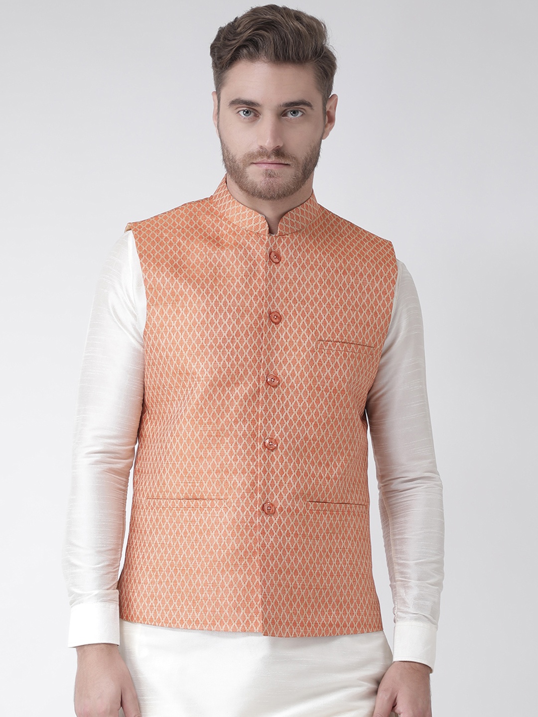 

DEYANN Men Orange & White Woven Design Jacquard Silk Nehru Jacket