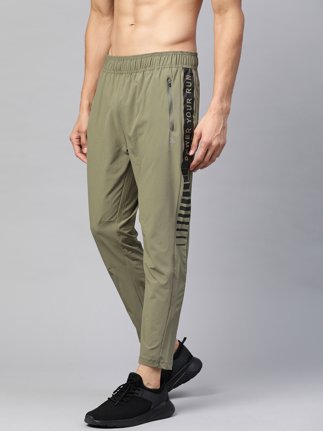 

HRX By Hrithik Roshan Men Brunt Oliva Solid Slim Fit Melange Rapid-Dry Running Track Pants, Olive
