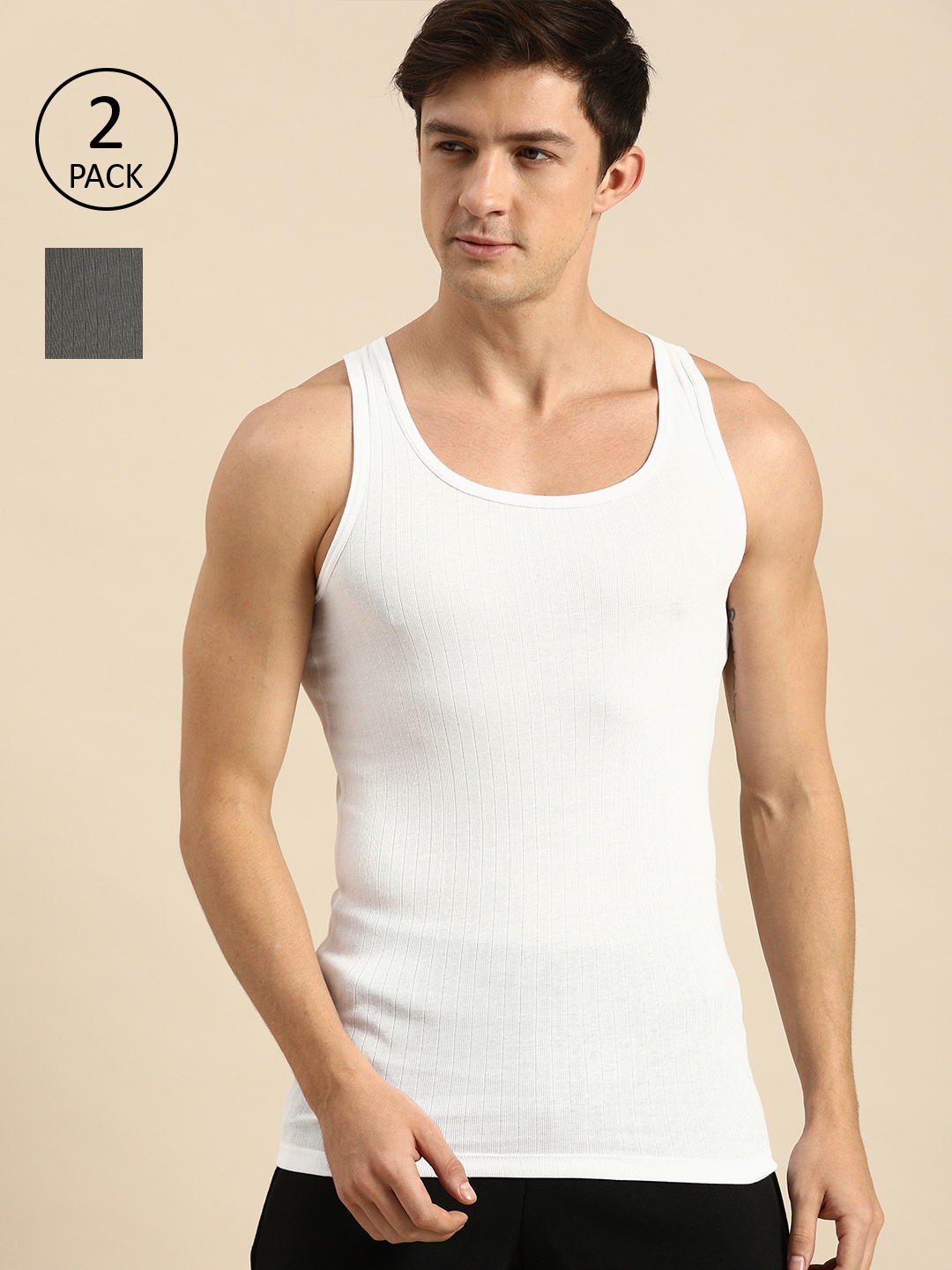 

ether Men Pack Of 2 White & Grey Solid Ribbed Innerwear Vests ETHR-RB-PK1-001C-S