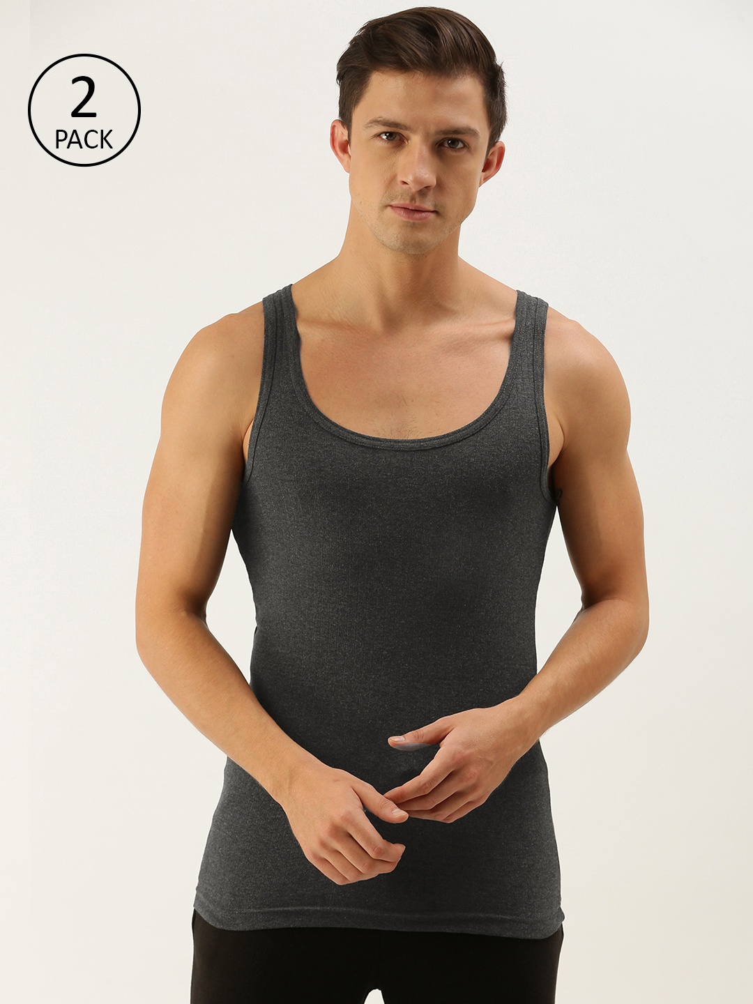 

ether Men Pack Of 2 Charcoal Grey Ribbed Innerwear Vests ETHR-RB-PK1-001E