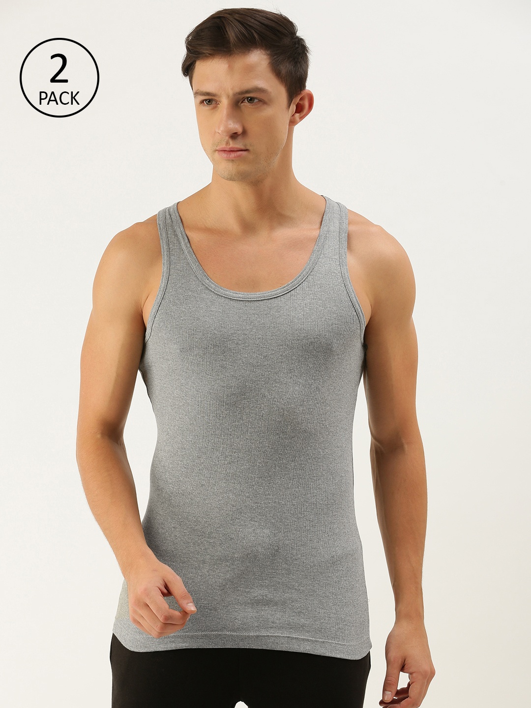 

ether Men Pack Of 2 Grey Melange Ribbed Cotton Innerwear Vests ETHR-RB-PK1-001D