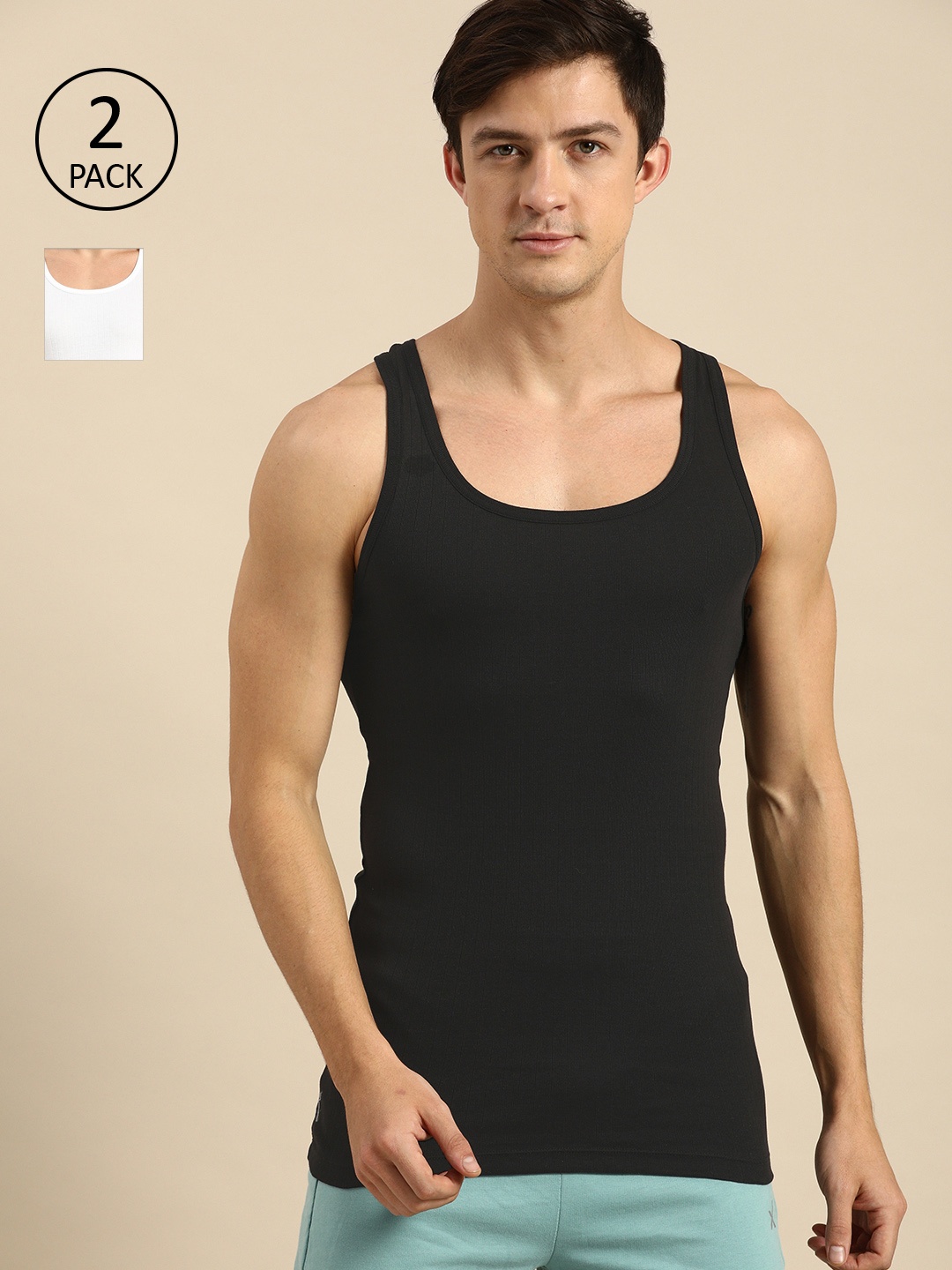 

ether Men Pack Of 2 Black & White Solid Ribbed Innerwear Vests ETHR-RB-PK1-001B