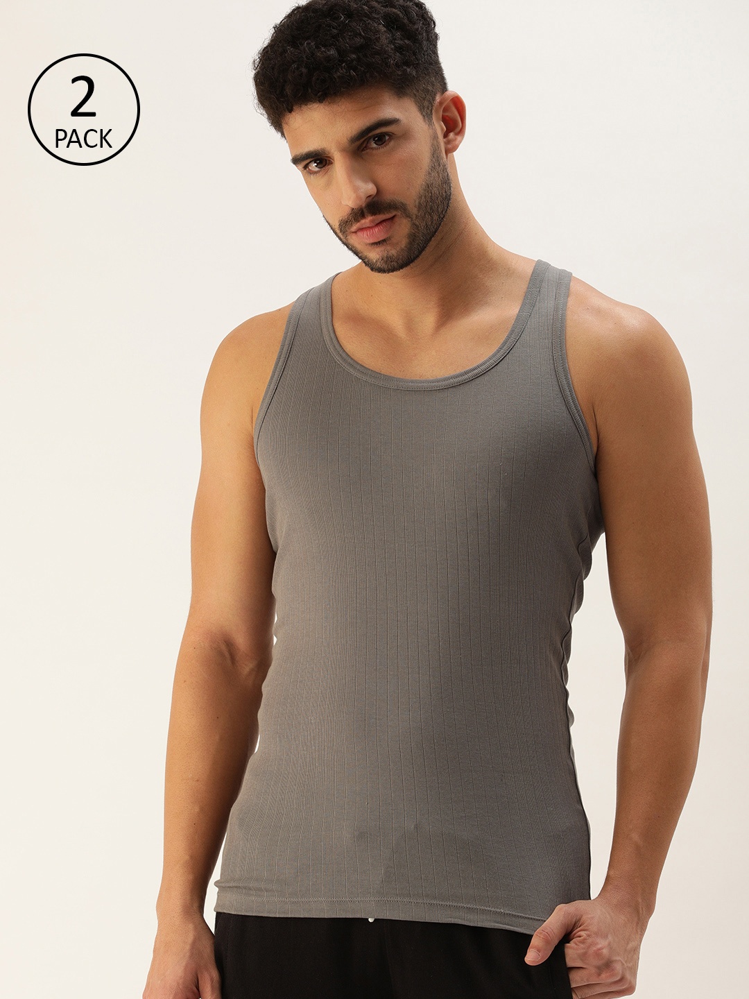 

ether Men Pack Of 2 Grey Ribbed Cotton Innerwear Vests ETHR-RB-PK1-001C