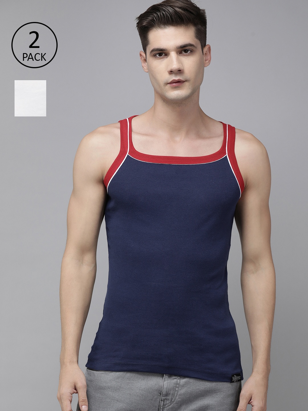 

Roadster Men Pack of 2 Solid Pure Cotton Innerwear Vests, Navy blue