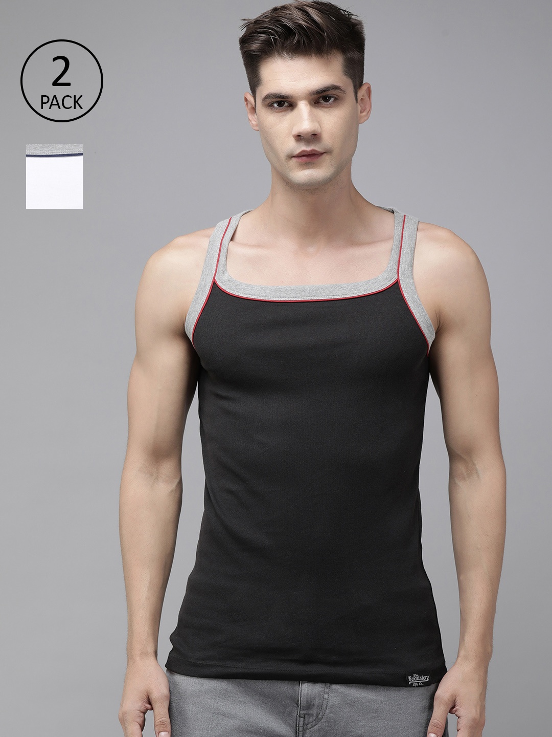 

Roadster Men Pack of 2 Solid Pure Cotton Innerwear Vests, Black
