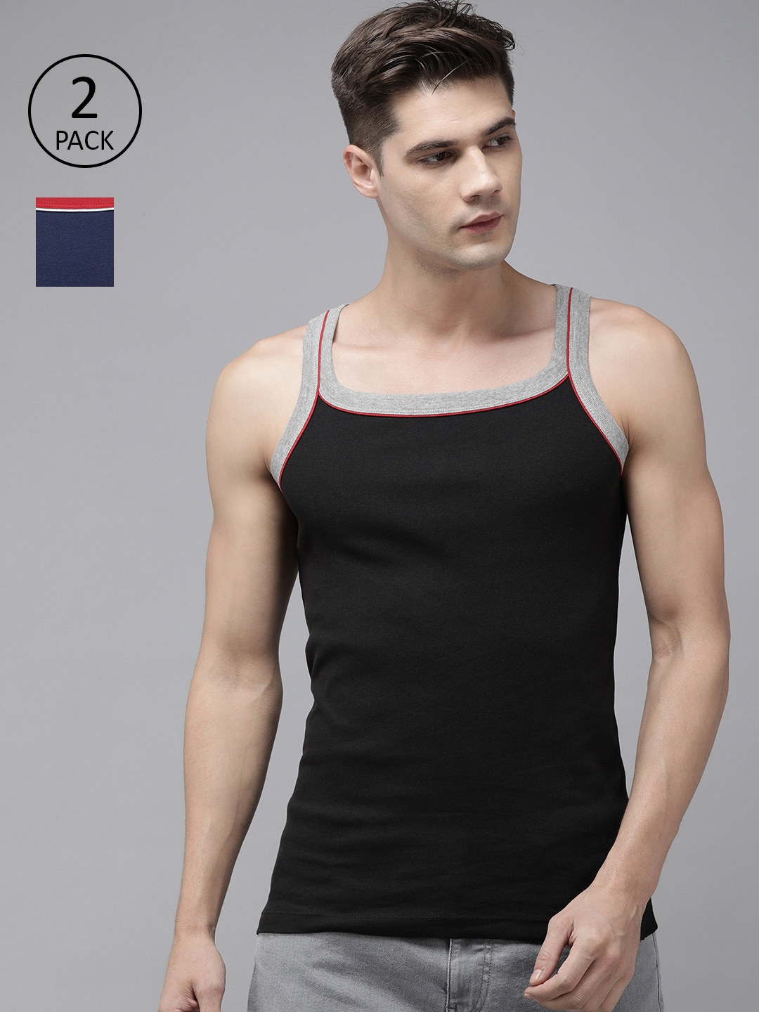 

Roadster Men Pack of 2 Solid Pure Cotton Innerwear Vests, Black