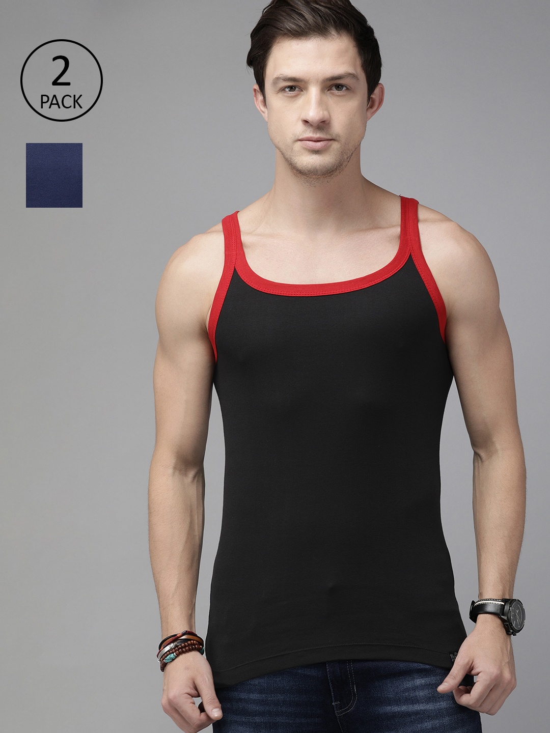 

Roadster Men Pack of 2 Solid Pure Cotton Innerwear Vests, Navy blue